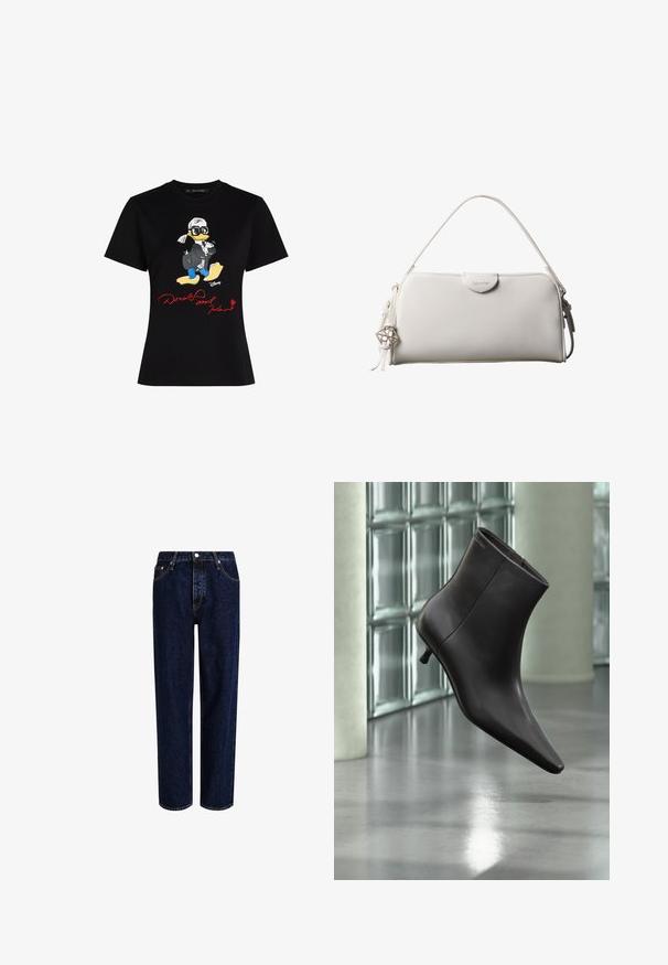 Schwarzes Baumwoll-T-Shirt mit einem bunten Cartoon-Charakter-Graphic und rotem Text "Donald und Karl" auf der Vorderseite. Kurze Ärmel, klassischer Schnitt.; Dunkelblaue Denim-Jeans mit geradem Bein, hoher Taille, fünf Taschen und kontrastierenden Nähten. Ohne Verzierungen.; Schwarzer Leder-Knöchelstiefel mit spitzer Spitze und kleinem Absatz vor einer Wand aus Glasbausteinen und einem polierten Boden.; Weiße rechteckige Calvin Klein Handtasche mit einem einzelnen Henkel, minimalistischem Design und dekorativen Quasten mit geometrischem Metallanhänger an der Seite.