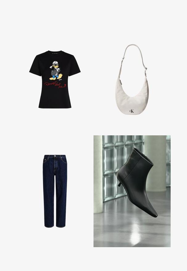 Sort bomulds t-shirt med et farverigt cartoon karaktergrafik og røde tekst "Donald og Karl" på forsiden. Korte ærmer, klassisk pasform.; Mørkeblå denim jeans med lige ben-design, der har høj talje, fem-lomme-stil og kontrastsyninger. Ingen dekorationer.; Sort læderankelstøvle med spids tå og lav kitten-hæ, vist vinklet mod en poleret gulv- og glasblokvæg.; Hvid skuldertaske i læder formet som en halvmåne med justerbar rem, lynlåslukning og sort Calvin Klein-logo foran.
