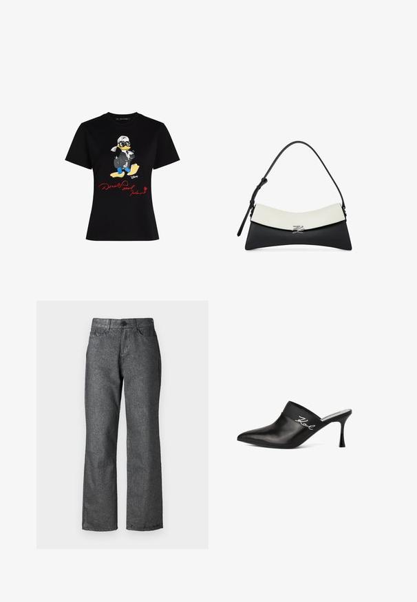 Sort bomulds t-shirt med et farverigt cartoon karaktergrafik og røde tekst "Donald og Karl" på forsiden. Korte ærmer, klassisk pasform.; Grå denim jeans med en let glans, lige ben design, fem lommer, knaplukning og synlige søm detaljer.; Sort lædermule med spids tå og stilettohæl. Har et bredt bånd med sølvskrift detaljeret på siden. Glat overflade.; Sort og hvid læder skuldertaske med en buet klap og en lille sølv logo lås foran.