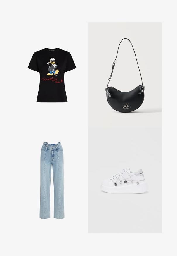 Zwarte katoenen T-shirt met een kleurrijke cartoonfiguurafbeelding en rode tekst "Donald en Karl" op de voorkant. Korte mouwen, klassieke pasvorm.; Lichtblauwe, high-waisted jeans met een wijd uitlopende pasvorm. Gemaakt van denim, met een uitgerafelde zoom en een sluiting met knopen aan de voorkant.; Witte plateau sneakers met een gestructureerd oppervlak, voorzien van zilveren accenten, decoratieve bedels en gestikte details aan de zijkanten.; Zwarte, halvemaanvormige leren schoudertas met verstelbare dunne riem en klein zilverkleurig logo aan de voorkant.
