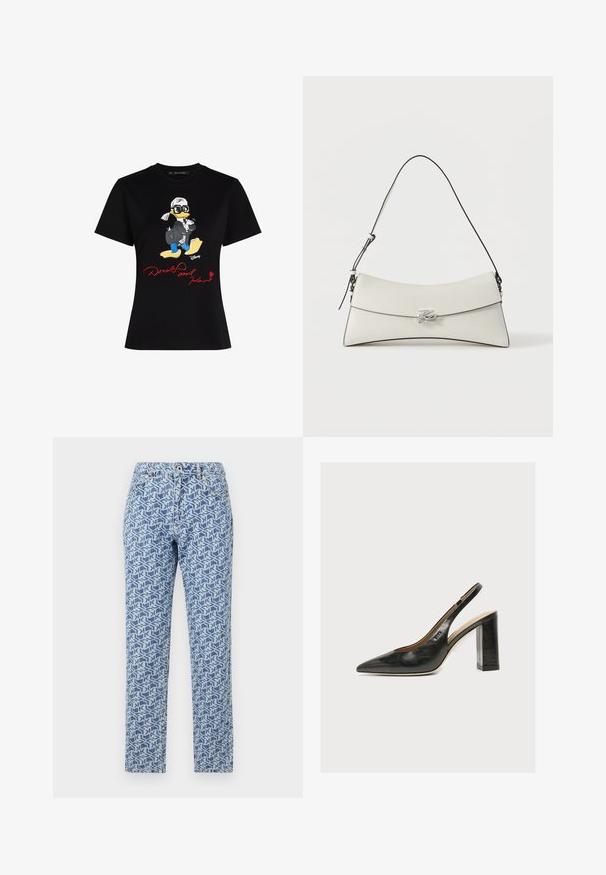 Sort bomulds t-shirt med et farverigt cartoon karaktergrafik og røde tekst "Donald og Karl" på forsiden. Korte ærmer, klassisk pasform.; Lyseblå denimjeans med et geometrisk hvidt mønster, lige ben design, knaplukning og fem lomme stil.; Sort læder kvindesko med slingback, spids tå og tyk blokhøj hæl på hvid baggrund.; Hvid skuldertaske i læder med buet klap, sort kant, justerbar rem og sølv dekorativ spænde på ensfarvet baggrund.
