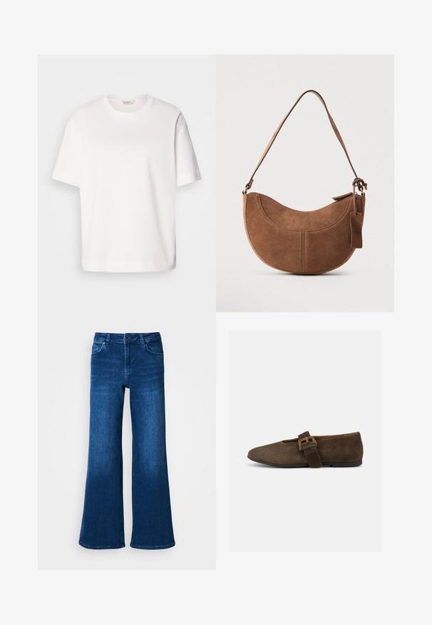 T-shirt en coton blanc avec des manches courtes, un col rond, une coupe décontractée et une texture lisse ; sans motifs ni éléments matériels visibles.; Jean en denim bleu à jambe large avec taille haute, doté de cinq poches, fermeture à bouton et à zip, et d'une texture lisse et uniforme.; Chaussure plate en daim marron avec une large bride et une boucle dorée, bout arrondi et semelle noire basse, vue de profil sur fond blanc.; Sac à main en daim marron de forme courbée en demi-lune. Il est doté d'une bandoulière, d'une petite étiquette et de coutures visibles le long des bords.