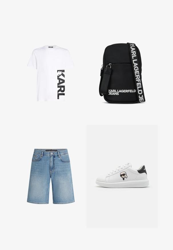 Hvid bomulds t-shirt med et stort sort trykt "KARL" logo på venstre side, korte ærmer og en klassisk rund halsudskæring.; Denimshorts i lys blå, med et klassisk snit, fem lommer og kontrastsyning. Afsluttet med en standard talje og knaplukning.; Hvide lædersneakers med sort hælkant. Har en tegneserie-lap af en figur med solbriller. Rund tå og tyk hvid sål.; Sort stof crossbody tas med rektangulær form, der har en lynlåslukket frontlomme og en kontrasterende logo-rem i hvid.