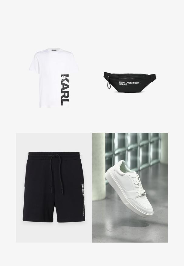 Camiseta de algodón blanca con un gran logo impreso en negro "KARL" en el lado izquierdo, mangas cortas y un cuello redondo clásico.; Pantalones cortos de algodón negros con cintura elástica ajustable, presentan un estampado de logotipo blanco en el lateral y una textura suave. Diseño clásico.; Zapatilla deportiva de cuero blanco con punta redondeada, cierre frontal con cordones y suela plana de goma. Presenta detalles perforados y un sutil acento con el logo.; Riñonera negra con cremallera y logo blanco "KARL LAGERFELD JEANS" en el frente, con correa ajustable en ambos lados.
