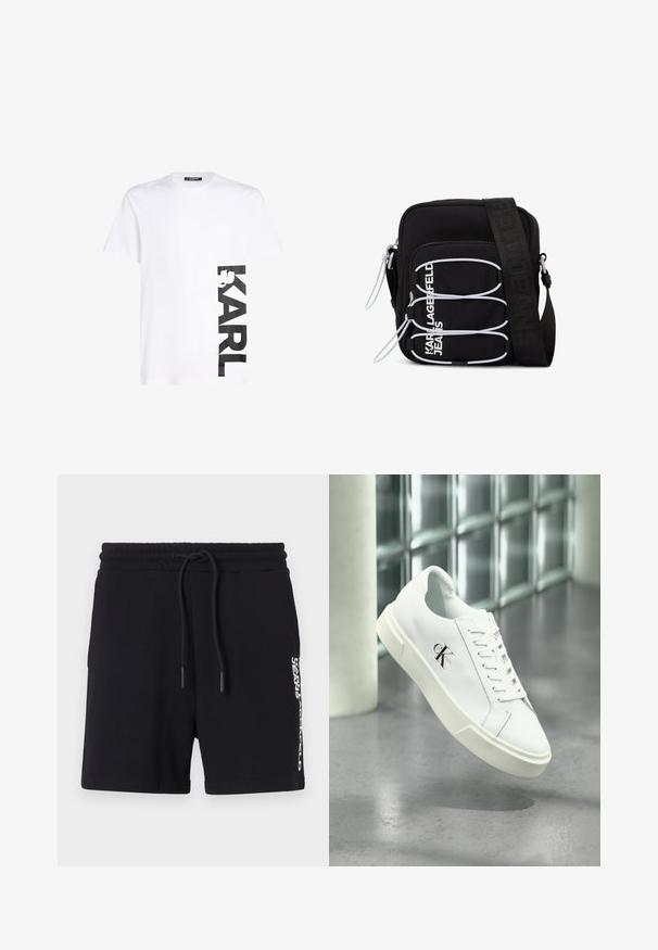 Hvid bomulds t-shirt med et stort sort trykt "KARL" logo på venstre side, korte ærmer og en klassisk rund halsudskæring.; Sorte bomulds shorts med snoretræk i taljen, prydet med et hvidt logo print på siden og en glat overflade. Klassisk design.; Hvid Calvin Klein sneaker med snørebånd, vist svævende over en poleret betongulv og en baggrund af glasblokke.; Sort skuldertaske med hvide elastiske løkker, lynlåstræk og hvid "KARL LAGERFELD JEANS" tekst på frontlommen.