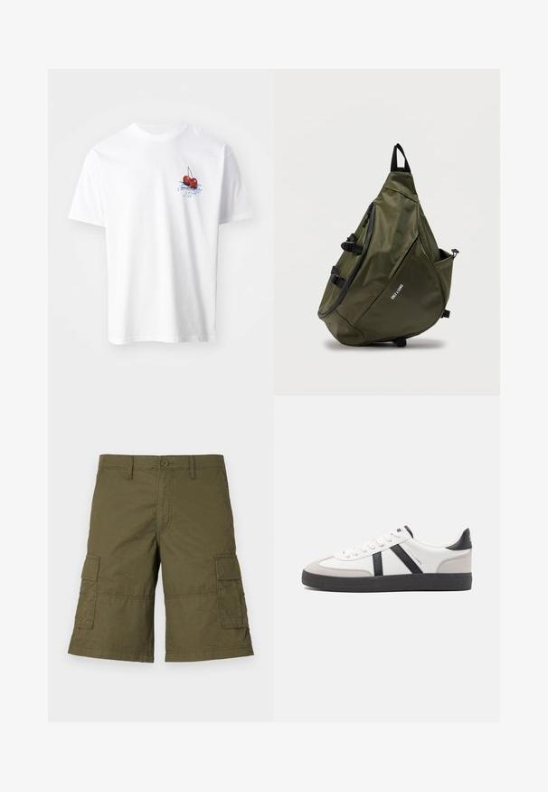 Wit katoenen T-shirt met een rode kers graphic met groene bladeren en blauwe tekst op de linkerborst. Korte mouwen en ronde hals.; Olijfgroene cargoshorts met knoopsluiting, meerdere zijzakken en gestikte details. Gemaakt van duurzame stof met een relaxte pasvorm.; Witte sneaker met zwarte en grijze accenten, voorzien van een grijze neus met textuur, zwarte rubberen zool en platte witte veters. Schoon ontwerp, minimalistische stijl.; Driehoekige rugzak in olijfgroen met zwarte rits, verstelbare band, zijvak en "ONLY SONS"-logo aan de voorkant.