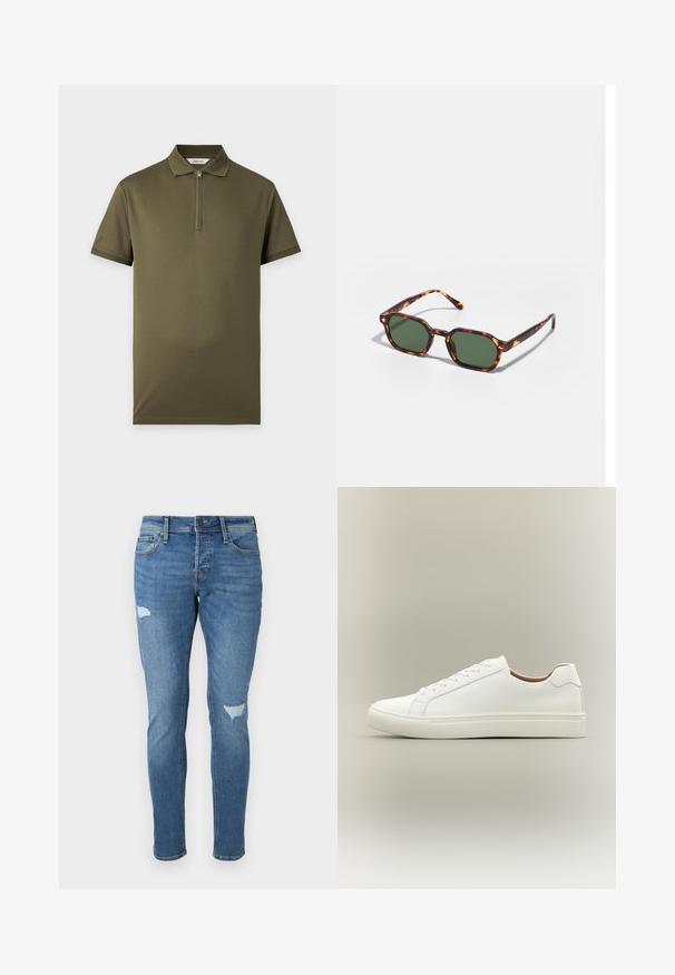 Polo vert olive à manches courtes avec col zippé, poignets côtelés et sans motifs ni logos visibles, présenté sur un fond uni.; Jean en denim bleu décoloré avec une coupe slim, présentant des zones usées au niveau des genoux, une fermeture à bouton et un design à cinq poches.; Baskets blanches basses avec fermeture à lacets et semelle plate, vues de côté sur un fond neutre.; Lunettes de soleil en écaille de tortue avec des verres verts, présentant une forme octogonale et des branches minces et courbées. Le matériau a une finition brillante.