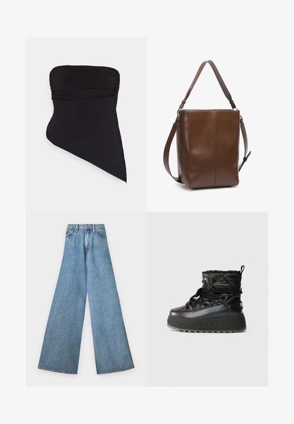 Zwarte een-schouder badpak gemaakt van een glad, rekbaar materiaal. Heeft gathered details en een asymmetrisch zoomontwerp.; Good American PANELED WIDE LEG - Wide leg - indigo; Zwarte en paarse gewatteerde enkelboots met een gestructureerd oppervlak, dikke zwarte zool en contrasterende veters. Met een logotag aan de zijkant.; Bruine leren schoudertas met een gladde textuur, rechthoekige vorm en verstelbare riem. Voorzien van een strak naadontwerp en subtiele glans.