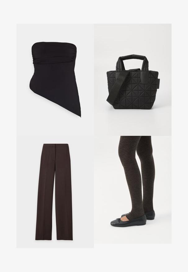 Zwarte een-schouder badpak gemaakt van een glad, rekbaar materiaal. Heeft gathered details en een asymmetrisch zoomontwerp.; Donkerbruine pantalons met wijde pijpen, een aansluitende tailleband en een verborgen sluiting aan de voorkant, getoond tegen een effen lichte achtergrond.; Benen met donkere geribbelde leggings gecombineerd met zwarte ballerina's met kleine strikdetails op een witte achtergrond.; Zwarte, gewatteerde handtas met een geometrisch patroon, dubbele korte handgrepen en een afneembare schouderriem; gemaakt van gladde stof met leren accenten.