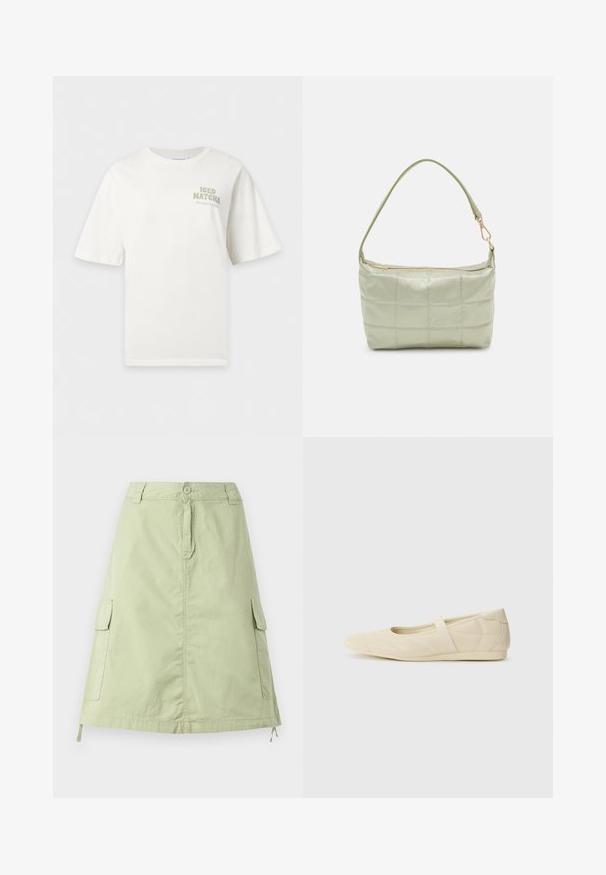 Λευκό T-shirt με κοντό μανίκι και κείμενο "ICED MATCHA I like you so matcha" τυπωμένο στο άνω αριστερό μέρος του στήθους.; Φως πράσινη βαμβακερή φούστα μέχρι το γόνατο με δύο πλευρικές τσέπες cargo, κουμπί κλεισίματος και χαλαρή ίσια γραμμή. Μονοχρωμία.; Μπεζ μπαλαρίνες με λείο δέρμα εξωτερικά, αμυγδαλωτό τελείωμα, και ελαστική λωρίδα που διασχίζει το επάνω μέρος του ποδιού, με διακριτές ραφές.; Πληρωμένη πράσινη τσάντα ώμου με μαλακή υφή, ορθογώνιο σχήμα, μονή ιμάντα και χρυσή φερμουάρ κλείσιμο. Διαθέτει ραμμένο σχέδιο.