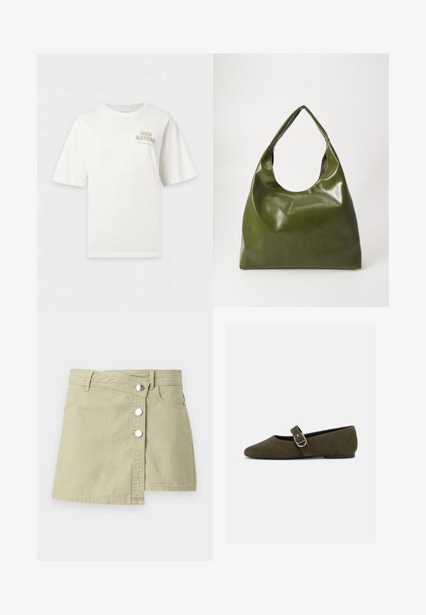 T-shirt blanc à manches courtes avec le texte « ICED MATCHA I like you so matcha » imprimé sur la partie supérieure gauche de la poitrine.; Jupe portefeuille en jean beige avec boutons-pression argentés à l'avant et passants pour ceinture, présentant un léger chevauchement sur le côté droit avant.; Chaussure plate Mary Jane en daim vert olive avec bride à boucle argentée et bout arrondi, présentée sur fond blanc.; Sac hobo en cuir vert au design décontracté, avec une poignée incurvée et une texture lisse. Ne contient aucun matériel ou accent visible.