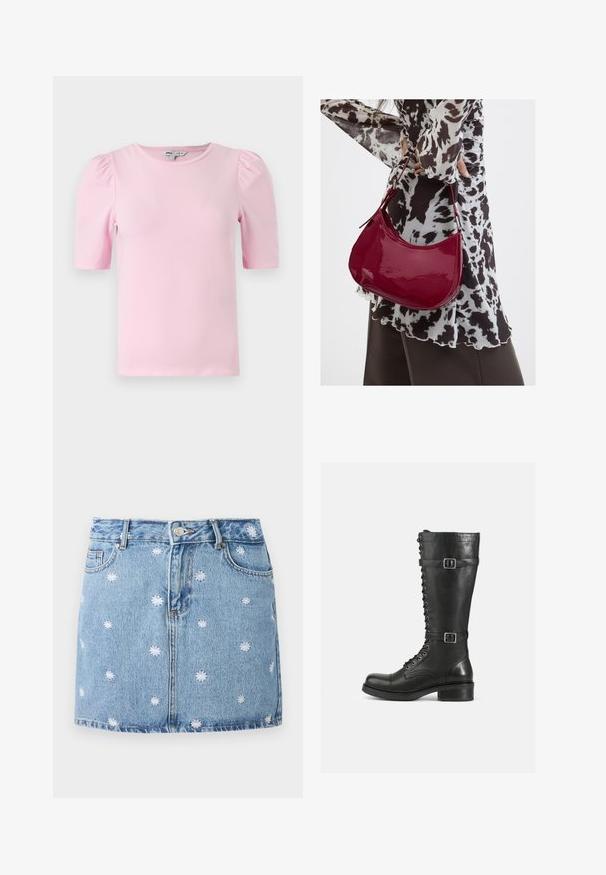 Camiseta de manga corta de color rosa claro hecha de tela suave. Presenta un cuello redondo clásico y mangas abullonadas con fruncidos para añadir textura.; Falda de denim azul claro con diseños de flores bordadas en blanco, cinco bolsillos y cierre frontal de botones, con un corte recto y mini.; Botas altas de cuero negro con cordones en la parte delantera, hebillas en los laterales, textura suave, punta redondeada y un tacón bajo resistente.; Mujer con blusa de estampado en blanco y negro sosteniendo un bolso de hombro rojo brillante sobre un fondo liso.