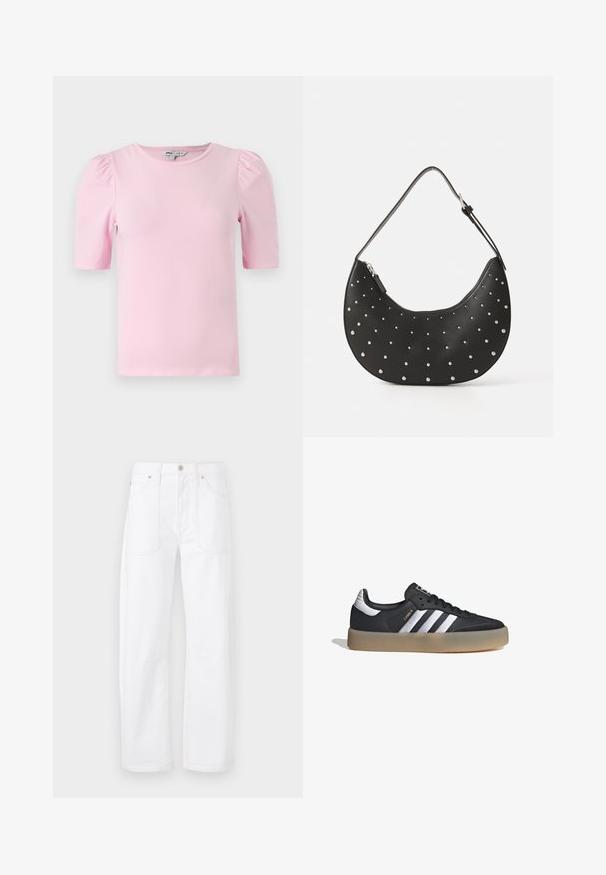Camiseta de manga corta de color rosa claro hecha de tela suave. Presenta un cuello redondo clásico y mangas abullonadas con fruncidos para añadir textura.; Pantalones de mezclilla blanca con diseño de pierna recta, costuras naranjas en contraste, cinco bolsillos y cierre de botón y cremallera.; Zapatilla deportiva de cuero negro con tres rayas plateadas, punta texturizada y suela de goma. Cuenta con un collar acolchado y un diseño con cordones.; Bolso de mano de cuero negro con forma curva, adornado con tachuelas plateadas, cuenta con cierre de cremallera y una sola correa ajustable.