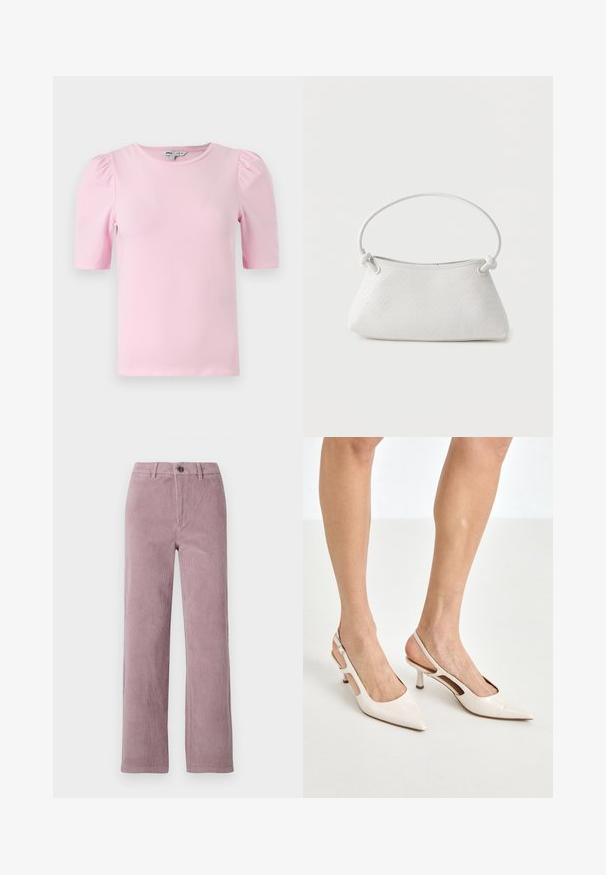 Camiseta de manga corta de color rosa claro hecha de tela suave. Presenta un cuello redondo clásico y mangas abullonadas con fruncidos para añadir textura.; Pantalones de pana en malva claro con corte recto. Cuentan con un cierre frontal de botón y una textura de rayas verticales.; Tacones slingback de charol beige con punta afilada y un tacón de 5 cm, con lados recortados y una delgada correa en el tobillo.; Bolso de mano de cuero blanco tejido con asa redondeada y extremos de la correa anudados, exhibido sobre un fondo liso.