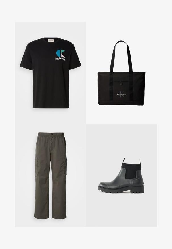 Camiseta de algodón negra con un diseño gráfico que presenta el logotipo "calvin klein" en blanco, verde azulado y rosa. Cuello redondo y mangas cortas.; Pantalones cargo en gris oscuro con cintura elástica, dos bolsillos laterales y un corte relajado. Fabricados con un tejido duradero y de textura suave.; Botas de tobillo negras de goma con acabado mate, que presentan un diseño elegante, paneles elásticos y una suela gruesa para mayor tracción.; Bolso tote negro de Calvin Klein con dos asas largas y bolsillo delantero, con el logo de la marca en blanco y gris.