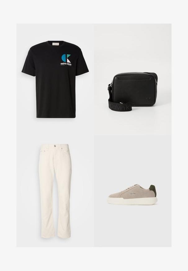 Zwarte katoenen t-shirt met een grafisch ontwerp met het logo "calvin klein" in wit, teal en roze. Ronde halslijn en korte mouwen.; Beige katoenen jeans met een klassiek recht model, met een knoopsluiting aan de voorkant, vijf zakken en subtiele stikdetails.; Beige suède sneakers met een witte rubberen zool, voorzien van een donkergroene hielaccent en subtiele branding aan de zijkant.; Zwarte leren schoudertas met textuur, voorzien van een brede Calvin Klein-gemerkte stoffen schouderband en een klein, verhoogd cK-logo aan de voorkant.