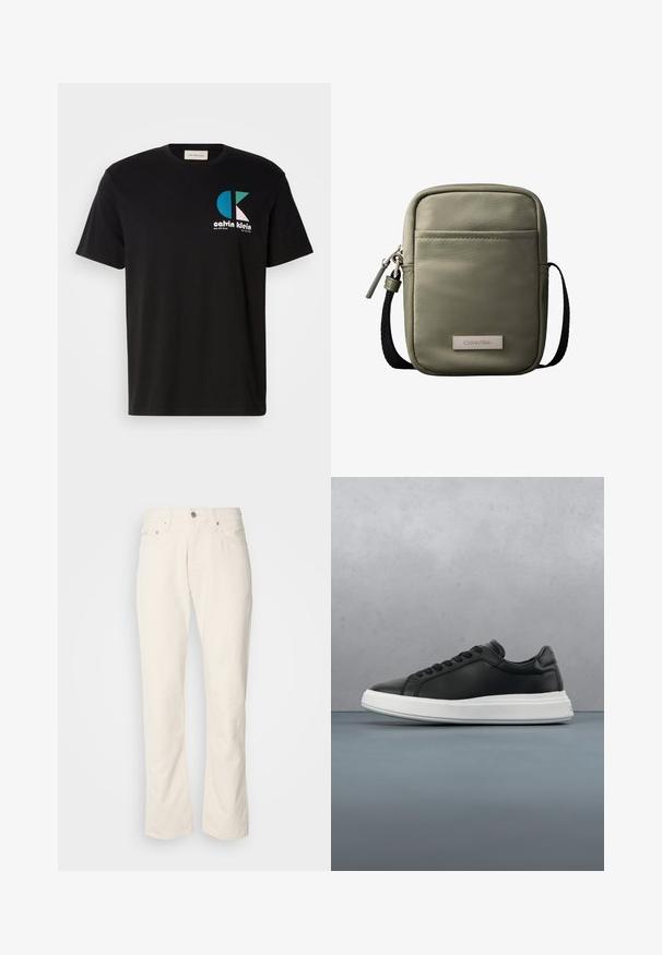 Čierne bavlnené tričko s grafikou, na ktorej je logo "calvin klein" v bielej, tyrkysovej a ružovej farbe. Okrúhly výstrih a krátke rukávy.; Béžové bavlnené džínsy s klasickým strihom rovného nohu, so zapínaním na prednom tlačidle, piatimi vreckami a jemnými detailmi v šití.; Čierne kožené tenisky s hladkým povrchom, biela gumová podrážka, zaoblený tvar, šesť dierok na šnúrky a decentné logo na päte.; Kompaktná olivovo zelená kabelka cez rameno s predným vreckom, čiernym nastaviteľným popruhom, zapínaním na zips a menovkou s logom Calvin Klein.