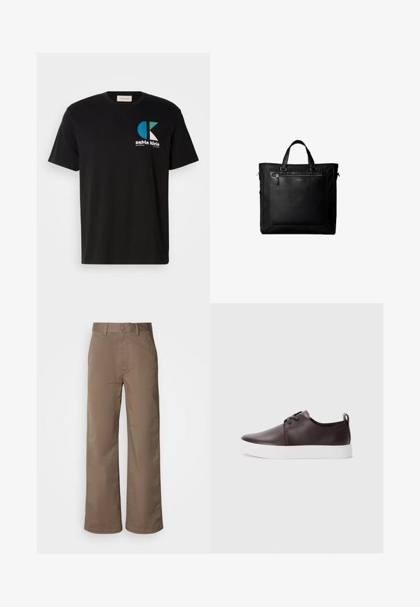 Sort bomulds T-shirt med et grafisk design, der har logoet "calvin klein" i hvid, teal og pink. Rund halsudskæring og korte ærmer.; Beige brede benbukser lavet af blød bomuldsblanding, med knaplukning, bæltestropper og uden synlige mønstre. Glat tekstur.; Brune lædersneakers med en glat overflade, hvid gummisål, rund tæer og snøredesign. Indeholder en løkke i hælen.; Sort taske med dobbelte håndtag, stor læderlomme foran med lynlås og diskret Calvin Klein-logo midt på lommen.