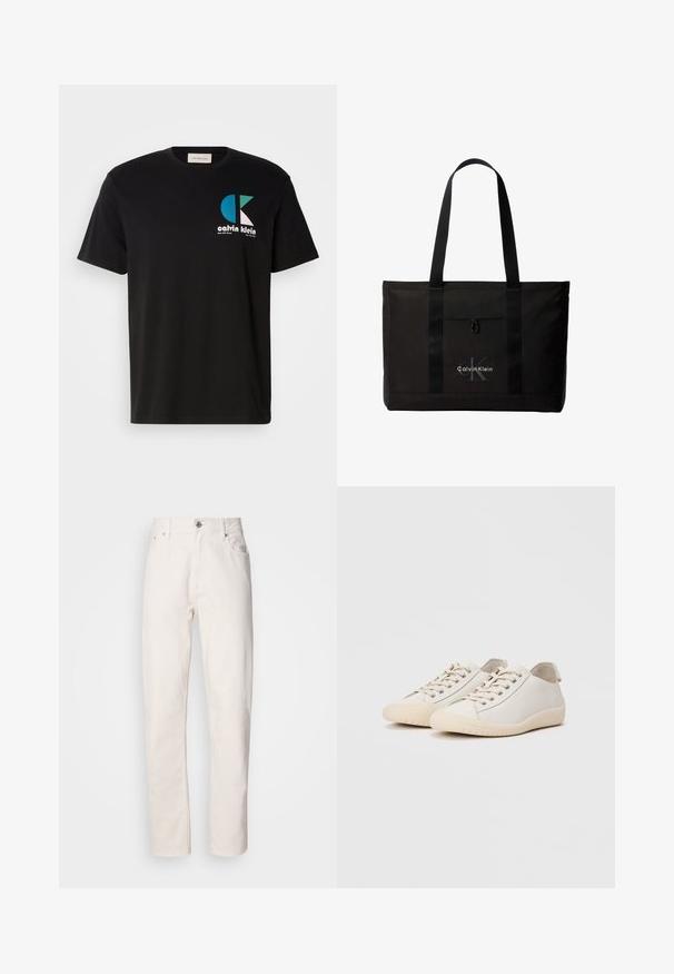 Čierne bavlnené tričko s grafikou, na ktorej je logo "calvin klein" v bielej, tyrkysovej a ružovej farbe. Okrúhly výstrih a krátke rukávy.; Rovné biele džínsy z denimu s gombíkovým a zipsovým zapínaním, pútka na opasok a predné a zadné vrecká, zobrazené na jednoduchom pozadí.; Biele tenisky vyrobené z hladkej kože s tónovým švom, šnurovaním, zaoblenou špičkou a textúrovanou gumovou podrážkou.; Čierna taška Calvin Klein typu tote s dvoma dlhými rúčkami a predným vreckom, s logom značky v bielej a sivej farbe.