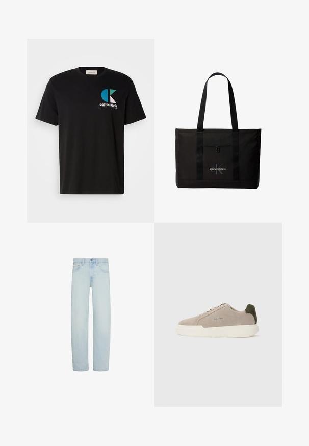 Zwarte katoenen t-shirt met een grafisch ontwerp met het logo "calvin klein" in wit, teal en roze. Ronde halslijn en korte mouwen.; Lichtblauwe denim jeans met rechte pijpen, vooraan knoop- en ritssluiting, riemlussen en voorzakken.; Beige suède sneakers met een witte rubberen zool, voorzien van een donkergroene hielaccent en subtiele branding aan de zijkant.; Zwarte Calvin Klein totebag met twee lange handvatten en een voorvak, met het logo van het merk in wit en grijs.