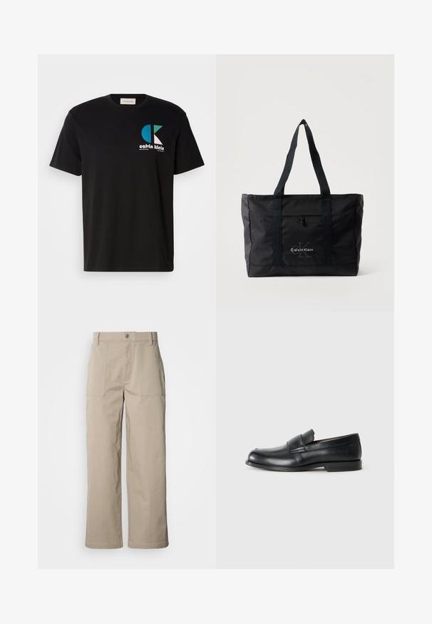 Sort bomulds T-shirt med et grafisk design, der har logoet "calvin klein" i hvid, teal og pink. Rund halsudskæring og korte ærmer.; Beige bukser med vide ben lavet af bomuld; har forlommer, knaplukning og synlig syning langs kanterne.; Sorte læder loafers med rund tå, syet detaljer og en flad gummisål. Har en bred rem over vristen.; Sort Calvin Klein shopper med to lange håndtag, lynlåslomme foran samt logo trykt på frontens midte.