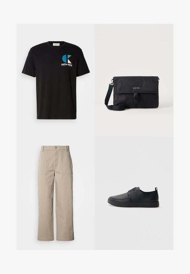 Sort bomulds T-shirt med et grafisk design, der har logoet "calvin klein" i hvid, teal og pink. Rund halsudskæring og korte ærmer.; Beige bukser med vide ben lavet af bomuld; har forlommer, knaplukning og synlig syning langs kanterne.; Sorte lædersneakers med en glat finish, rund tå, tonalt syning, snøring foran og en flad gummisål. Løkke ved hælen.; Sort Calvin Klein messenger-taske med justerbar skulderrem og frontklap sikret med spænde, vist mod en ensfarvet baggrund.