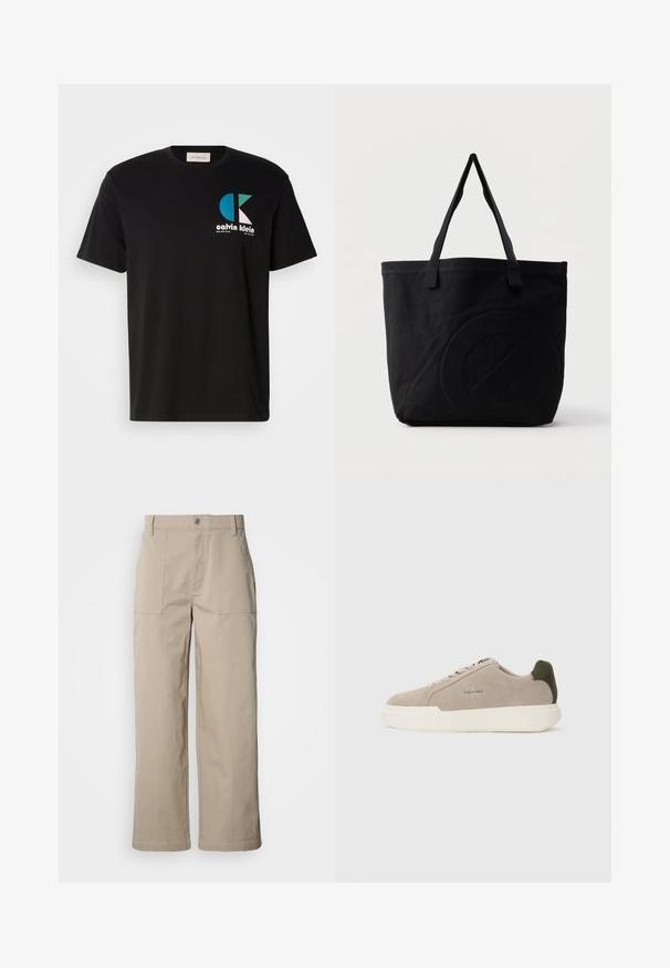 Camiseta de algodón negra con un diseño gráfico que presenta el logotipo "calvin klein" en blanco, verde azulado y rosa. Cuello redondo y mangas cortas.; Pantalones beige de pierna ancha hechos de algodón; cuentan con bolsillos frontales de parche, cierre con botón y costuras visibles a lo largo de los dobladillos.; Zapatillas de piel de ante beige con suela de goma blanca, que presentan un acento en el talón de color verde oscuro y un sutil logo en el lateral.; Bolsa tote de lona negra con dos correas para el hombro y un diseño circular en relieve sutil en el frente.