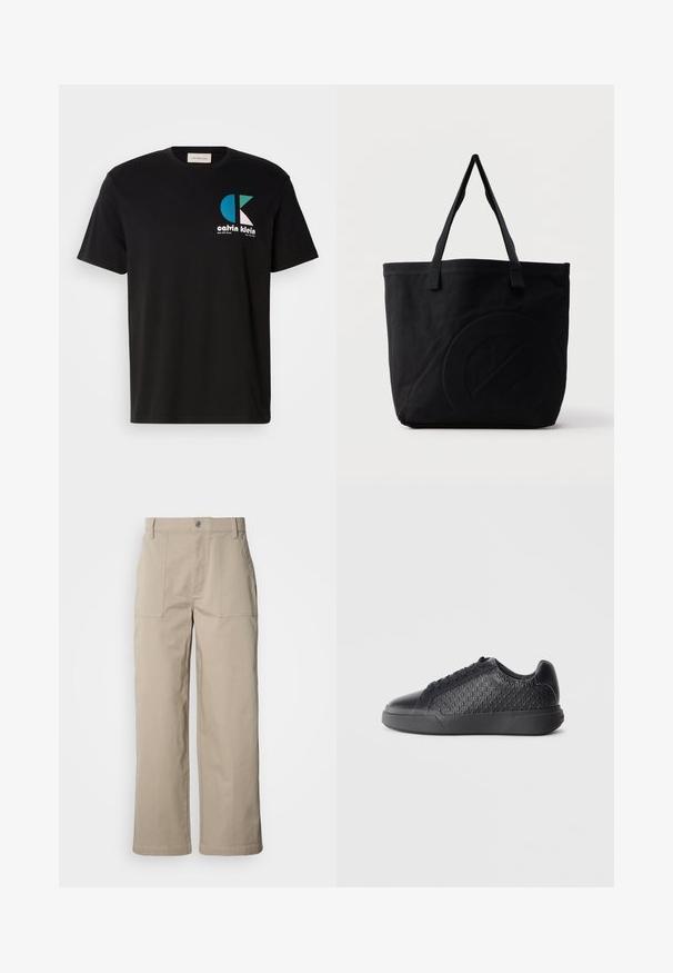 Čierne bavlnené tričko s grafikou, na ktorej je logo "calvin klein" v bielej, tyrkysovej a ružovej farbe. Okrúhly výstrih a krátke rukávy.; Béžové nohavice s širokými nohavicami z bavlny; majú predné nášivkové vrecká, zapínanie na gombík a viditeľné prešívanie pozdĺž lemov.; Čierne tenisky vyrobené z textúrovaného syntetického materiálu, s diamantovým vzorom, okrúhlou špičkou, plochou gumovou podrážkou a klasickým šnurovaním.; Čierna plátená taška s dvoma ramennými popruhmi a jemným vtlačeným kruhovým vzorom na prednej strane.