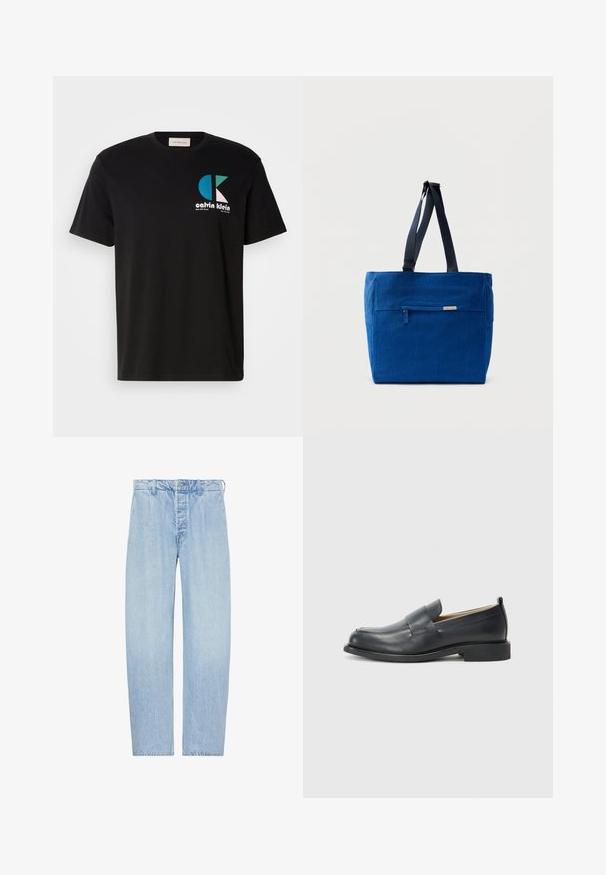 Čierne bavlnené tričko s grafikou, na ktorej je logo "calvin klein" v bielej, tyrkysovej a ružovej farbe. Okrúhly výstrih a krátke rukávy.; Svetlomodré rifle s vysokým pásom a rovnými nohavicami, zapínané na gombík a zips, s pútkami na opasok a bočnými vreckami, zobrazené na bielom pozadí.; Čierne kožené poltopánky s hladkým povrchom, plochou podrážkou a okrúhlou špičkou s dekoratívnym pásikom cez hornú časť.; Modrá plátenná taška cez rameno s predným vreckom na zips, dvojitými ramennými popruhmi a obdĺžnikovým tvarom. Má nenápadnú značkovú etiketu.