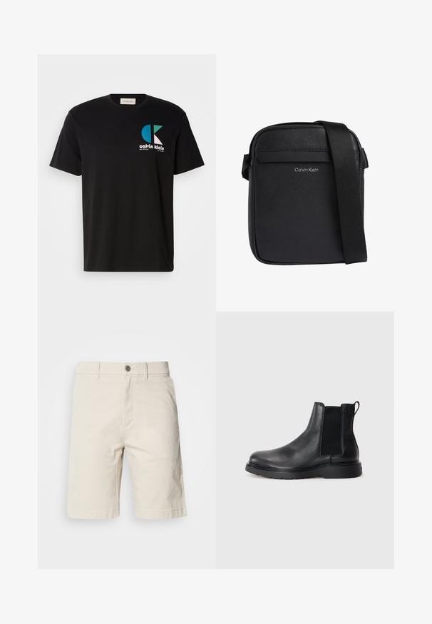 Zwarte katoenen t-shirt met een grafisch ontwerp met het logo "calvin klein" in wit, teal en roze. Ronde halslijn en korte mouwen.; Beige katoenen shorts met een rechte pasvorm, voorzien van een voorste knoop- en ritsluiting, zijzakken en gestikte zoom.; Zwarte leren Chelsea boots met een gestructureerde afwerking, elastische zijpanelen en een stevige rubberen zool. Subtiele branding op de hiel.; Zwarte Calvin Klein crossbodytas met een gestructureerd oppervlak en verstelbare schouderriem.