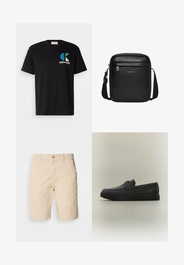 Schwarzes Baumwoll-T-Shirt mit einem Grafikdesign, das das Logo "calvin klein" in Weiß, Türkis und Pink zeigt. Runder Ausschnitt und kurze Ärmel.; Beige Baumwollshorts mit einem Knopfverschluss an der Front, Seitentaschen und geradem Schnitt. Glatte Textur mit klaren Nähdetails.; Schwarzer lässiger Lederloafer mit Schnürdetails und dicker Gummisohle, seitlich auf neutralem Hintergrund dargestellt.; Schwarze Calvin Klein Umhängetasche mit verstellbarem Riemen, Frontreißverschlusstasche und dezentem Logo auf genarbter Lederoberfläche.