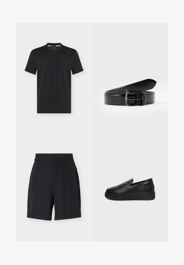 T-shirt noir à manches courtes et col rond avec petit logo brodé sur la poitrine gauche, présenté sur fond uni.; Shorts noirs ajustés avec taille boutonnée, passants pour ceinture et poches latérales zippées sur un fond clair uni.; Chaussure noire en cuir à enfiler avec semelle épaisse et petits trous de ventilation latéraux, avec un logo doré "HUGO" près du talon.; Ceinture en cuir noir roulée avec une boucle à ardillon métallique noire, sur un fond clair uni.