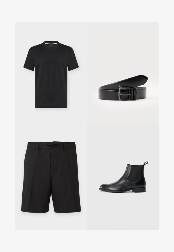 T-shirt noir à manches courtes et col rond avec petit logo brodé sur la poitrine gauche, présenté sur fond uni.; Shorts noirs mi-longues avec une ceinture ajustable et passants, présentant une coupe droite et épurée.; Bottine en cuir noir avec des panneaux latéraux élastiques, bout rond et tirette. Texture lisse, semelle plate, design minimaliste.; Ceinture en cuir noir roulée avec une boucle à ardillon métallique noire, sur un fond clair uni.