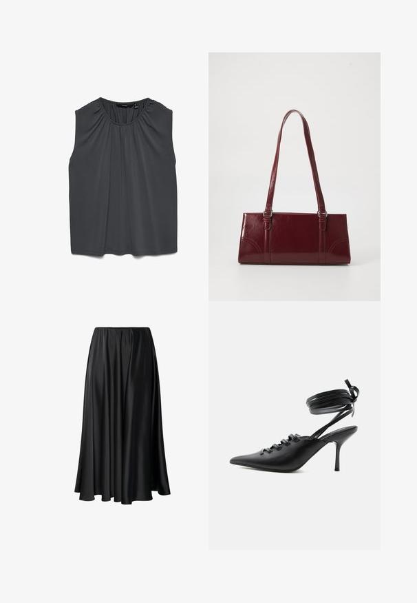 Blouse sans manches gris foncé avec encolure froncée et coupe décontractée, en tissu lisse et léger.; Jupe maxi noire en tissu lisse, dotée d'une taille élastique, d'une silhouette ample et d'un ourlet fluide sans motifs ni détails visibles.; Chaussure à talon haut noire à bout pointu avec laçage à l'avant et brides enroulées autour de la cheville nouées en nœud, vue de côté sur fond blanc.; Sac à main bordeaux en matériau brillant, de forme rectangulaire, avec deux anses et des accents légèrement courbés à l'avant.