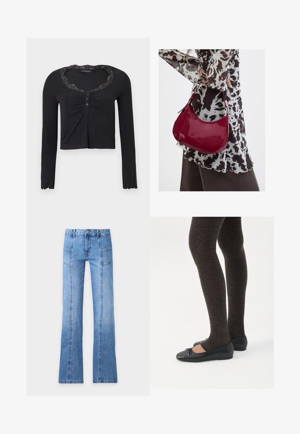 Chemise noire à manches longues avec un col orné de dentelle, comportant un devant froncé et une patte de boutonnage à trois boutons, design légèrement raccourci.; Jean en denim bleu clair avec taille haute, bouton devant, fermeture éclair, détails de coutures et jambes légèrement évasées sur un fond uni.; Jambes portant des leggings côtelés foncés associés à des ballerines noires avec de petits détails en nœud sur fond blanc.; Femme portant un chemisier à motif noir et blanc tenant un sac à main rouge brillant sur un fond uni.