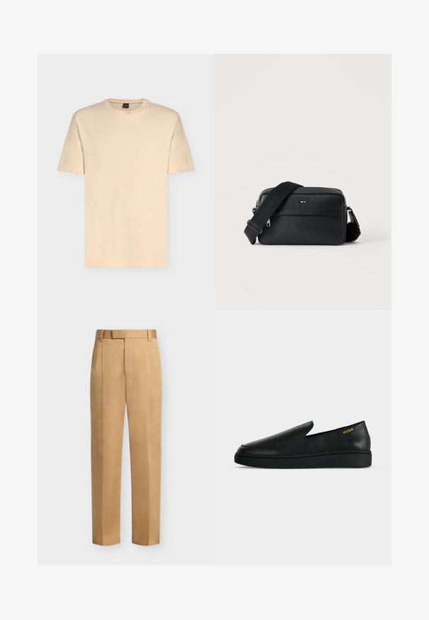 T-shirt beige clair à manches courtes avec col rond et logo discret "BOSS" centré sur la poitrine.; Pantalon beige droit avec passants de ceinture, plis devant et fermeture éclair.; Chaussure noire en cuir à enfiler avec semelle épaisse et marquage "HUGO" en or près du talon sur un fond uni gris clair.; Sac bandoulière en cuir noir texturé avec poche avant zippée et bandoulière large en tissu réglable sur fond blanc.