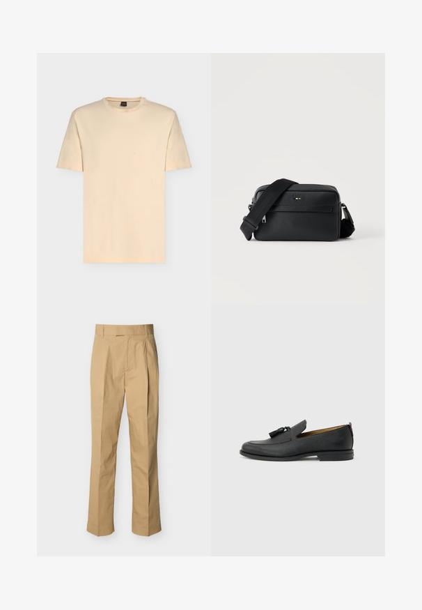 T-shirt beige clair à manches courtes avec col rond et logo discret "BOSS" centré sur la poitrine.; Pantalon beige en coton lisse à taille haute, avec des plis à l'avant et des jambes droites. Aucun équipement visible ni motifs.; Mocassin pour homme en cuir noir avec pompons, bout arrondi, petit talon et languette à l'arrière, présenté de profil sur un fond gris clair.; Sac bandoulière en cuir noir texturé avec poche avant zippée et bandoulière large en tissu réglable sur fond blanc.