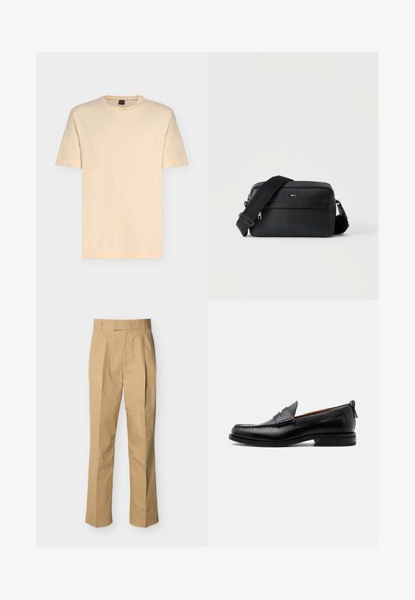 T-shirt beige clair à manches courtes avec col rond et logo discret "BOSS" centré sur la poitrine.; Pantalon beige en coton lisse à taille haute, avec des plis à l'avant et des jambes droites. Aucun équipement visible ni motifs.; Mocassin homme en cuir noir avec couture moc toe, bride penny, col texturé et petit talon empilé sur fond blanc.; Sac bandoulière en cuir noir texturé avec poche avant zippée et bandoulière large en tissu réglable sur fond blanc.