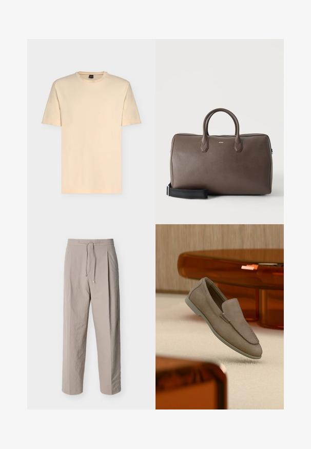 T-shirt beige clair à manches courtes avec col rond et logo discret "BOSS" centré sur la poitrine.; Pantalon beige texturé à cordon de serrage, jambes droites et taille élastique, présenté sur un fond blanc.; Mocassin beige en daim à enfiler avec coutures visibles et semelle claire, positionné au-dessus d'un tapis crème, avec un meuble translucide orange en arrière-plan.; Sac de sport en cuir marron avec deux poignées, une bandoulière noire réglable et un petit logo "BOSS" au centre à l'avant.
