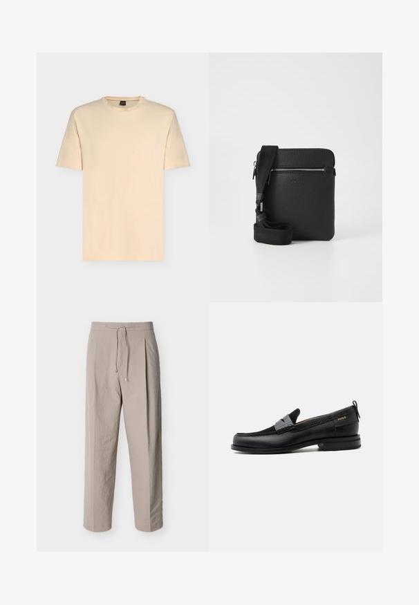 T-shirt beige clair à manches courtes avec col rond et logo discret "BOSS" centré sur la poitrine.; Pantalon beige texturé à cordon de serrage, jambes droites et taille élastique, présenté sur un fond blanc.; Mocassin en cuir noir avec détail de bride grise, talon bas et semelle texturée, marqué "HUGO" en or sur le côté.; Sac à bandoulière en cuir noir avec une surface texturée, poche avant zippée et une sangle en tissu réglable. Design simple et carré.