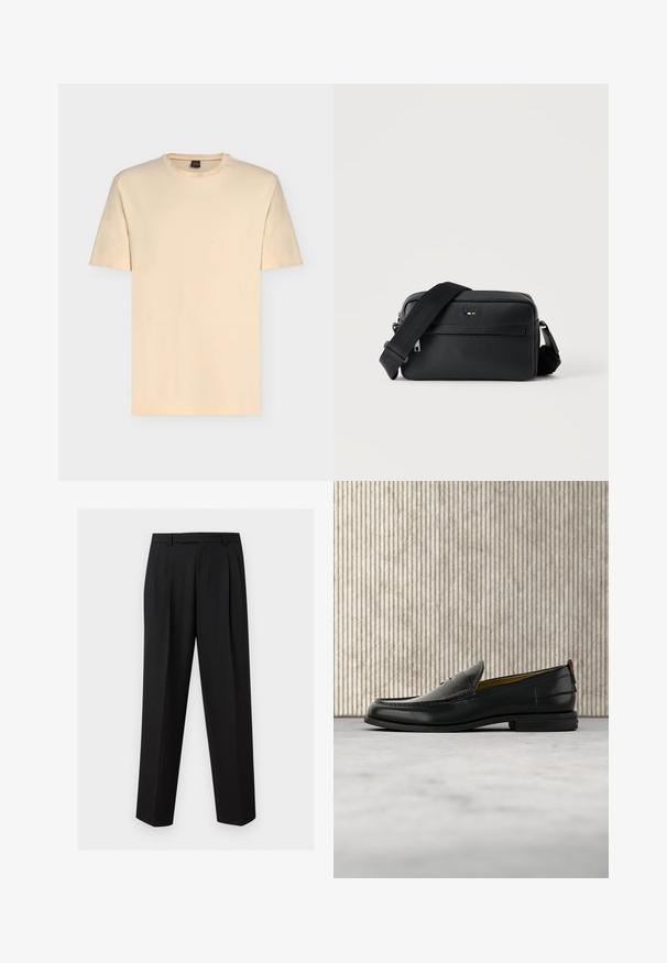 T-shirt beige clair à manches courtes avec col rond et logo discret "BOSS" centré sur la poitrine.; Pantalon noir sur mesure avec jambes droites, plis à la taille, passants de ceinture et poches latérales fendues, présenté sur un fond uni.; Mocassin pour homme en cuir noir avec un dessus embossé effet croco et un petit talon, présenté de profil sur un fond neutre.; Sac bandoulière en cuir noir texturé avec poche avant zippée et bandoulière large en tissu réglable sur fond blanc.