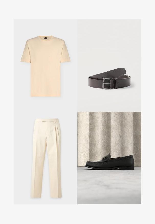 T-shirt beige clair à manches courtes avec col rond et logo discret "BOSS" centré sur la poitrine.; Pantalon beige sur mesure avec plis à l'avant, passants de ceinture et coupe droite et ajustée sur un fond clair uni.; Mocassin en cuir noir avec détail de mors en métal, présenté au-dessus d'un tapis beige, avec une table ronde marron en arrière-plan.; Ceinture en cuir brun foncé roulée avec une boucle métallique carrée et des coutures visibles le long des bords.
