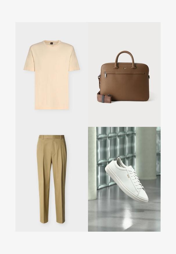 T-shirt beige clair à manches courtes avec col rond et logo discret "BOSS" centré sur la poitrine.; Pantalon beige ajusté avec passants de ceinture et pli frontal, présenté sur un fond clair uni.; Baskets basses en cuir blanc avec lacets, languette de talon noire et logo « BOSS », flottant à l'intérieur près d'un mur en blocs de verre et d'un sol poli.; Mallette en cuir marron avec poignées supérieures, poche avant zippée et bandoulière assortie amovible sur fond blanc.