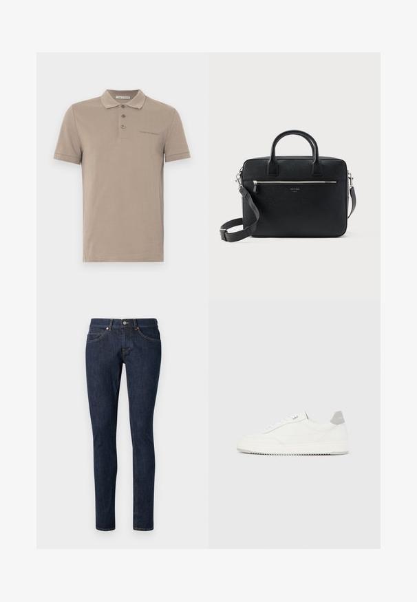 Polo shirt in lichtbruin katoenmix, met een drieknoopsluiting, korte mouwen en een subtiel geborduurd logo op de borst.; Donkerblauwe jeans van denim met een slim fit, met vijf zakken, contrasterende oranje stiksels en een ritsvak met een enkele knoopsluiting.; Witte lage sneaker met grijze hielpatch, witte veters en een gestructureerde zool, gepresenteerd op een effen lichte achtergrond.; Zwart gestructureerde rechthoekige leren aktetas met dubbele handvatten, voorvak met rits en verstelbare schouderriem, weergegeven op witte achtergrond.