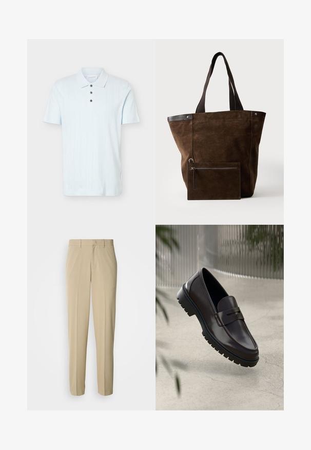 Polo bleu clair à manches courtes avec col, trois boutons foncés et fines rayures verticales texturées.; Pantalon beige à jambes droites, confectionné dans un tissu lisse, avec un devant plat et sans poches ni ornements visibles.; Mocassins en cuir marron avec une semelle en caoutchouc texturée et striée. Présente un design épuré et une sangle décorative sur le cou-de-pied.; Sac cabas en daim marron foncé avec des poignées noires et une pochette rectangulaire zippée assortie fixée à l'avant.