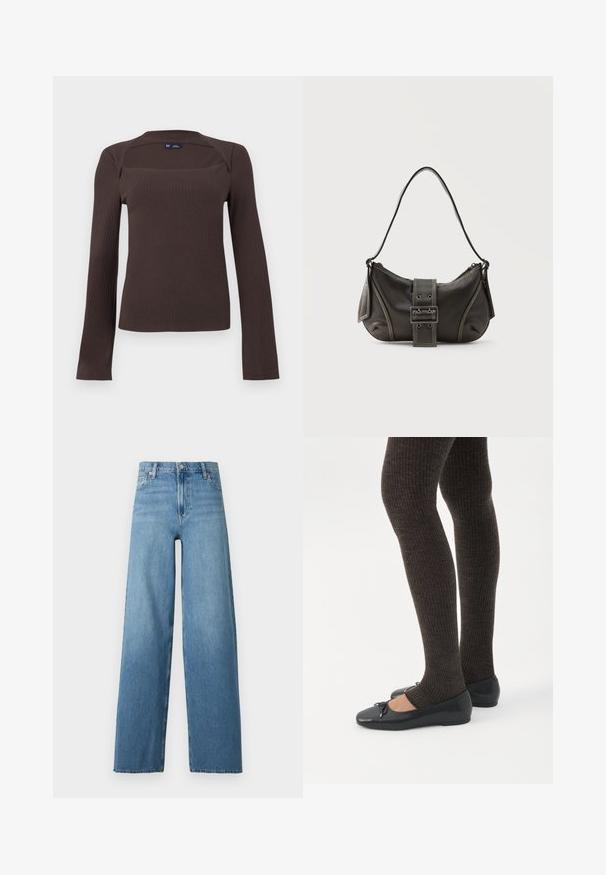 Haut à manches longues côtelé de couleur marron foncé avec un col carré et un léger détail de col, étiquette taille petite de GAP, présenté sur un fond uni.; Jean en denim bleu taille haute avec jambes larges, fermeture avant à bouton et fermeture éclair, et design classique à cinq poches.; Jambes portant des leggings côtelés foncés associés à des ballerines noires avec de petits détails en nœud sur fond blanc.; Sac à épaule en cuir noir avec une sangle à boucle, des bords arrondis et des coutures blanches contrastées sur un fond uni.