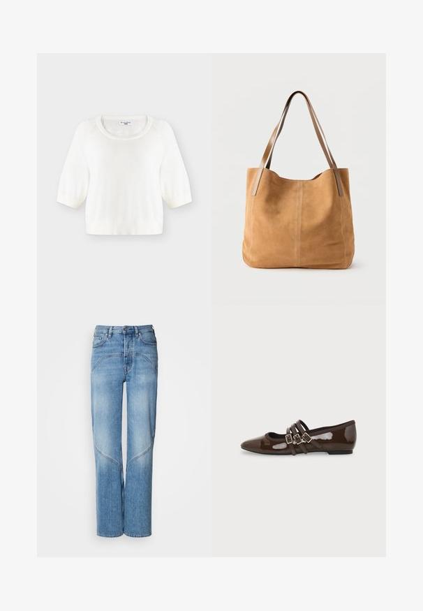 Pull en maille blanc à manches courtes avec encolure ronde et poignets côtelés, présenté à plat sur un fond clair.; Un jean en denim bleu clair avec une coupe décontractée, des jambes larges et des détails de couture incurvés. Le tissu a une texture lisse avec un léger délavage.; Chaussure plate en cuir verni marron avec bout pointu et trois brides ajustables à boucle sur le côté, vue du profil extérieur.; Sac fourre-tout en daim beige avec de longues anses en cuir marron clair, texture douce et couture simple sur un fond blanc uni.