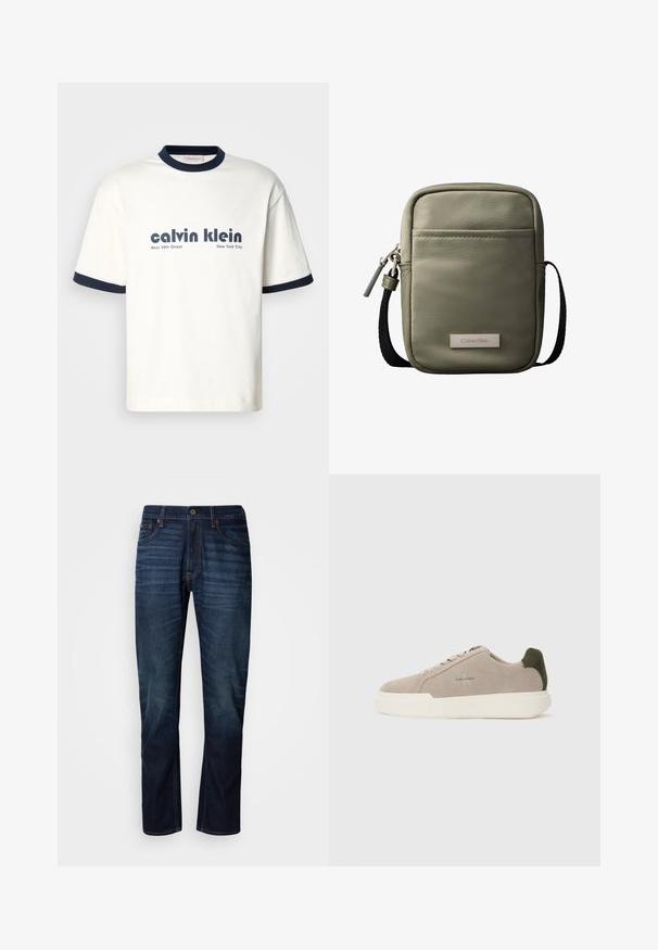 Witte katoenen T-shirt met marineblauwe geribbelde kraag en mouwen. Voorzien van vetgedrukte zwarte tekst: "calvin klein West 39th Street New York City."; Donkerblauwe rechtse jeans met vervaagde horizontale lijnen op de dijen, een sluiting met voorknop en een klassieke vijf-pocketontwerp.; Beige suède sneakers met een witte rubberen zool, voorzien van een donkergroene hielaccent en subtiele branding aan de zijkant.; Compact olijfgroene crossbodytas met voorvak, zwarte verstelbare band, ritssluiting en Calvin Klein logoplaatje.