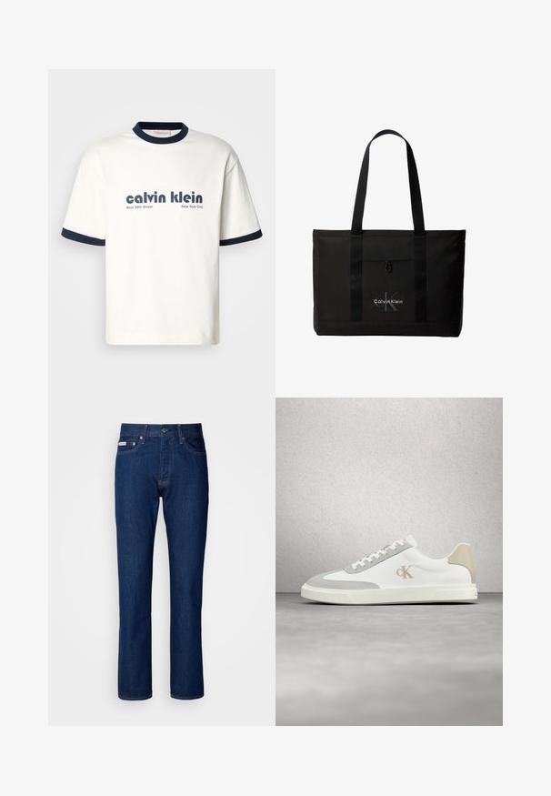 Witte katoenen T-shirt met marineblauwe geribbelde kraag en mouwen. Voorzien van vetgedrukte zwarte tekst: "calvin klein West 39th Street New York City."; Donkerblauwe spijkerbroek met een rechte pijpdesign, voorzien van een rits en knoopsluiting, vijf zakken en subtiele stikseldetails.; Witte Calvin Klein sneaker met beige suède accenten en logo, zwevend boven een gladde grijze vloer met op de achtergrond een glazen blokmuur.; Zwarte Calvin Klein totebag met twee lange handvatten en een voorvak, met het logo van het merk in wit en grijs.