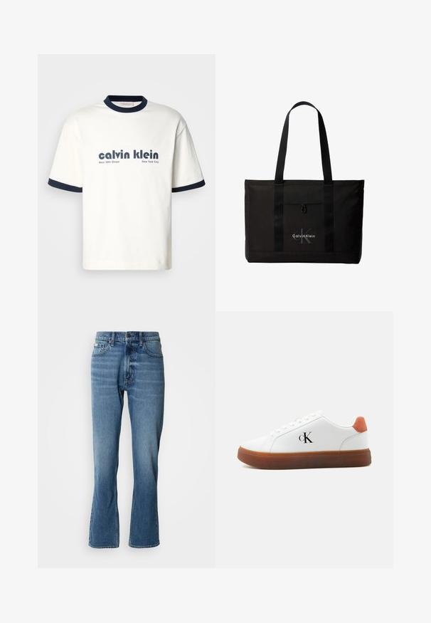 Witte katoenen T-shirt met marineblauwe geribbelde kraag en mouwen. Voorzien van vetgedrukte zwarte tekst: "calvin klein West 39th Street New York City."; Lichtblauwe denim jeans met een rechte snit en een lichte flare. Beschikt over vijf zakken, een knoopsluiting en subtiele wassingdetails.; Witte lage sneaker met bruine zool, oranje hieltab, veters en "cK" logo aan de zijkant.; Zwarte Calvin Klein totebag met twee lange handvatten en een voorvak, met het logo van het merk in wit en grijs.